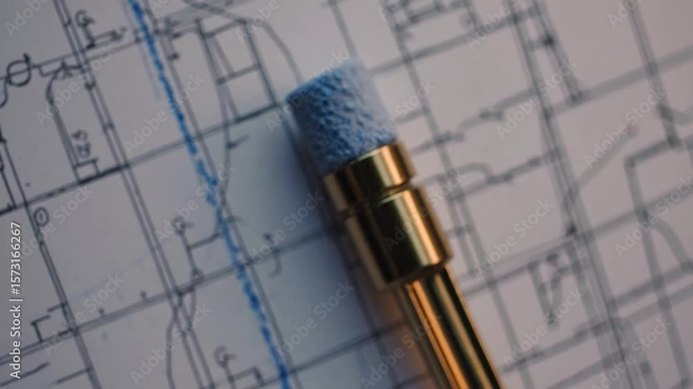 Poster detailed close-up image of a blueprint with a blue pencil highlighting architectural design elements