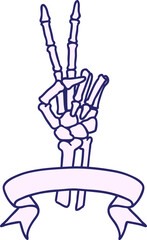 traditional tattoo with banner of a skeleton giving a peace sign  in bright neon color