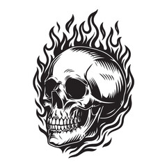 Skull in fire illustration  in black and white style