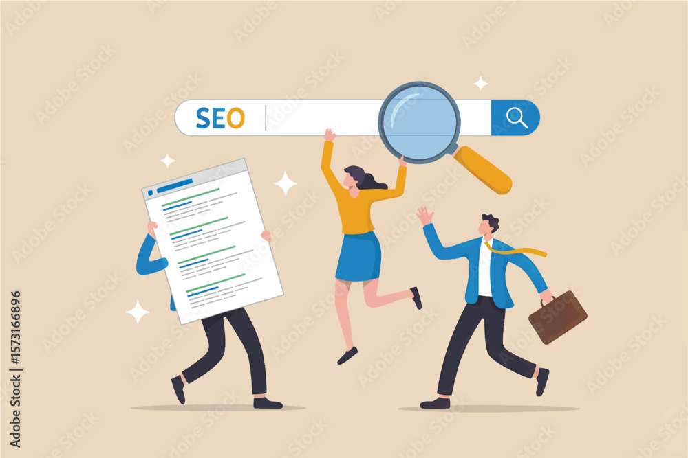 Aufkleber three people celebrate success in search engine optimization with a magnifying glass and a webpage d
