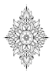 Detailed black and white lotus flower and foliage illustration with intricate patterns
