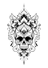 Fototapeta premium Detailed black and white skull illustration surrounded by floral elements