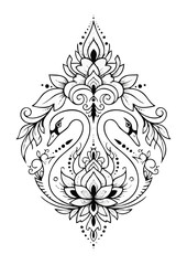 Obraz premium Detailed black and white illustration of two swans with floral elements