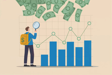 Man with magnifying glass examining rising financial graph with falling money bills overhead isolated on transparent background