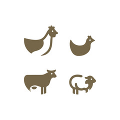Collection of farm animal silhouettes including a hen, rooster, cow, and sheep against a plain background