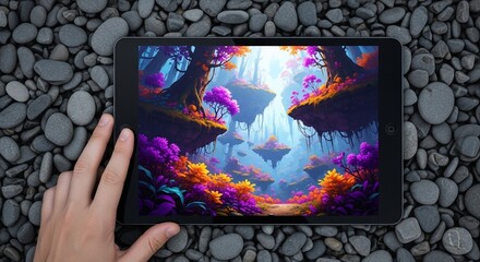 Tablet Displaying Vibrant Fantasy Landscape on Pebble Background with Hand