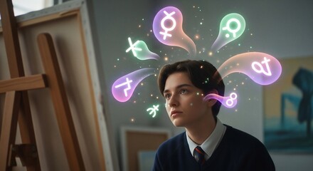 Teen Artist Contemplates Astrology: Colorful Symbols Float Above Head in Studio