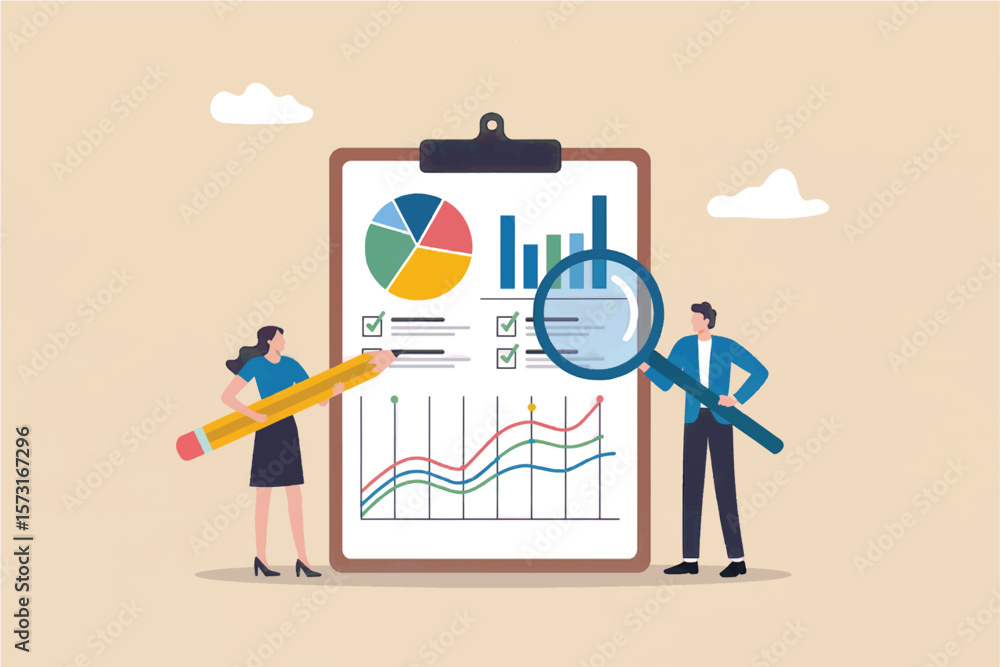 Aufkleber two business professionals analyzing financial data on a clipboard with charts and graphs using a ma