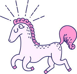 illustration of a traditional tattoo style prancing stallion in bright neon color