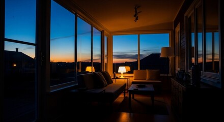 Tranquil Interior: Sunset Glow Through Panoramic Windows Illuminating Cozy Living Room