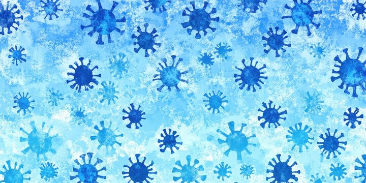 Abstract pattern of many blue virus-like shapes on a light-blue background