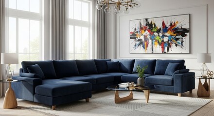 Navy Blue Velvet Sectional Sofa in Modern Living Room - Luxurious navy blue velvet sectional sofa, perfect for relaxation and entertaining.