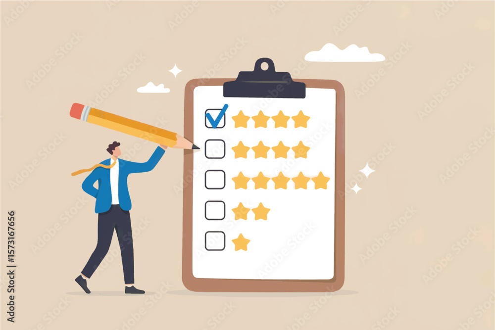 Poster man with pencil completing a star rating survey on a clipboard showing customer satisfaction and fee