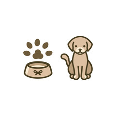 Cute cartoon dog sitting next to a food bowl with a paw print in the background