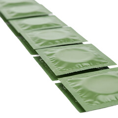 Row of packaged condoms in eco-friendly green packaging on transparent background