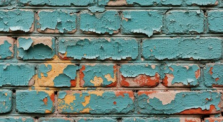 Turquoise Paint Flaking Off Weathered Brick Wall: Texture and Decay