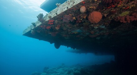 Underwater Concrete Structure Encrusted with Colorful Marine Life in Clear Blue Ocean