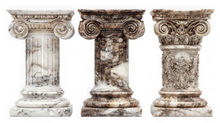 Three marble columns of varying designs stand in a row, each showcasing unique architectural details and a timeless, classic aesthetic isolated on transparent background