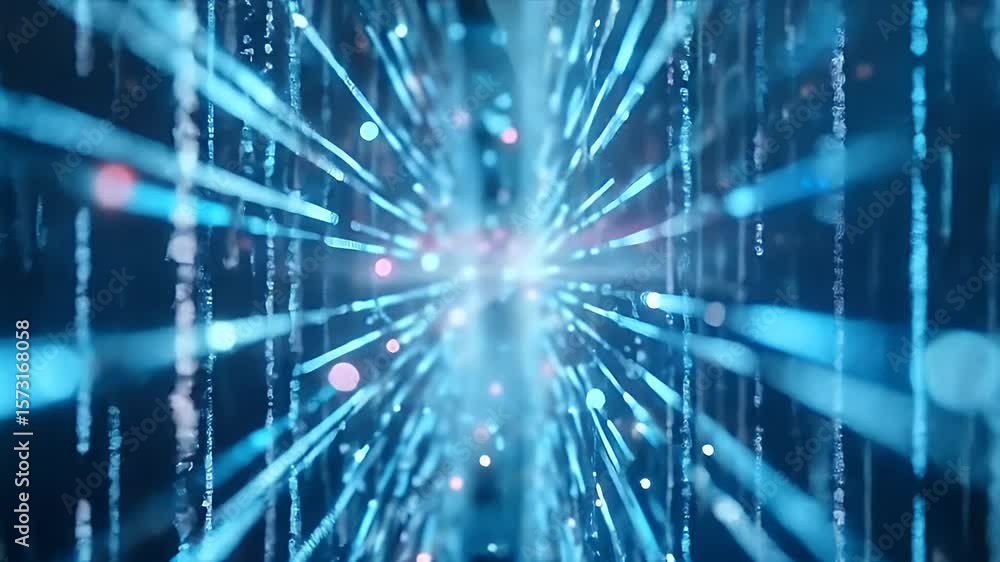 Poster abstract data stream visualization with blue lines and bokeh lights background