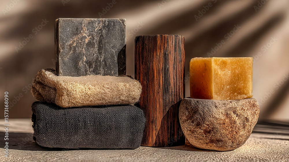 Poster a stack of different colored soap bars and a wooden block. the soap bars are of different shapes and