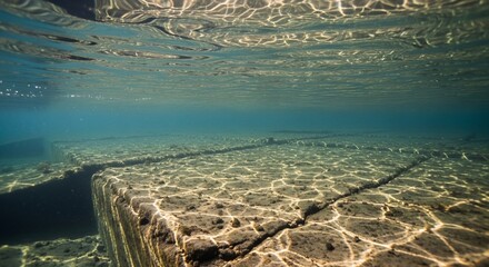 Underwater Geometric Stone Formations with Refracted Sunlight Patterns