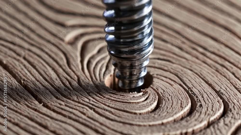 Poster close-up view of a screw being driven into natural wood with intricate grain patterns and textures