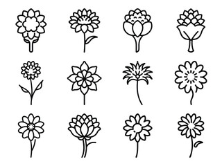 Bundle of Chrysanthemum Flower Icons in Silhouette Style on White Background &ndash; Minimalist Black Line Vector Floral Designs for Botanical Art, Logos, and Digital Projects