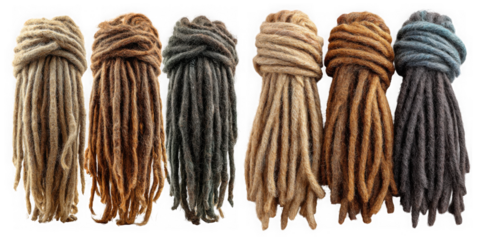 A diverse collection of synthetic dreadlocks showcases a range of colors and textures, perfect for adding an edgy and stylish touch isolated on transparent background