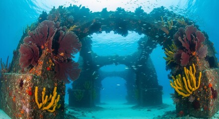 Underwater Archway Reef: Vibrant Coral, Fish School, Turquoise Water