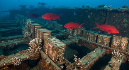 Underwater Shipwreck Library: Red Fish Swim Through Coral-Covered Bookshelves