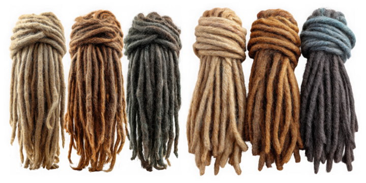 A diverse collection of synthetic dreadlocks showcases a range of colors and textures, perfect for adding an edgy and stylish touch isolated on transparent background