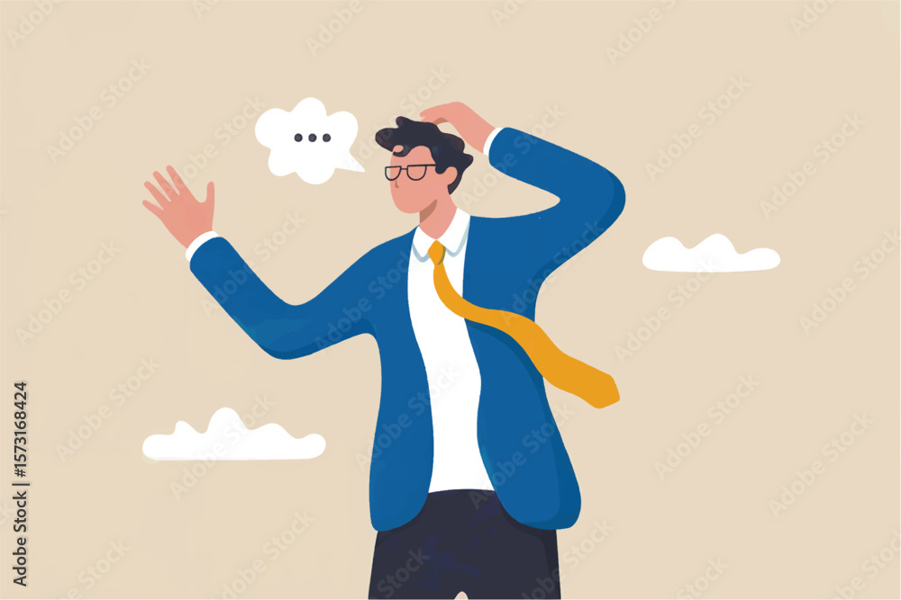 Poster confused businessman scratching his head with a thought bubble above him contemplating a difficult d