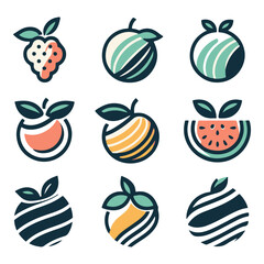 Colorful and modern fruit illustrations arranged in a grid, showcasing various fruits with stylized designs