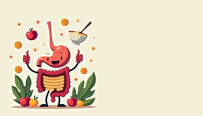 Illustration, happy digestive system character with thumbs up, surrounded by healthy food, healthy stomach concept. Space for text