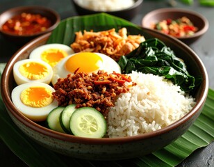 Colorful bowl of rice dish with eggs, chicken, vegetables, and sauce