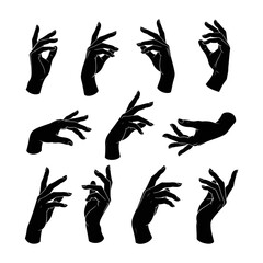 Hand silhouettes set. Elegant gestures. Black and white vector illustration.