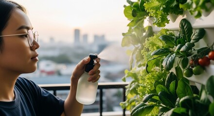 Urban Gardener Spritzing Lettuce and Spinach on Balcony with Cityscape View