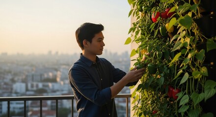 Urban Gardener Tending Vertical Pepper Garden on Balcony at Sunset