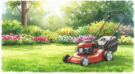 Pristine Lawn and Modern Mower - A vibrant garden scene showcasing a shiny, modern lawnmower on a freshly cut lawn, symbolizing spring, growth, maintenance, outdoor living, and home improvement