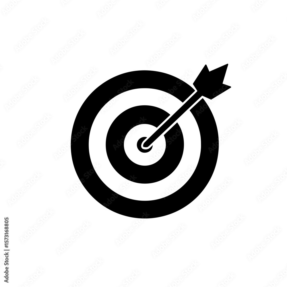 Poster arrow hitting the bulls eye of a target with concentric circles in a graphic representation of accur
