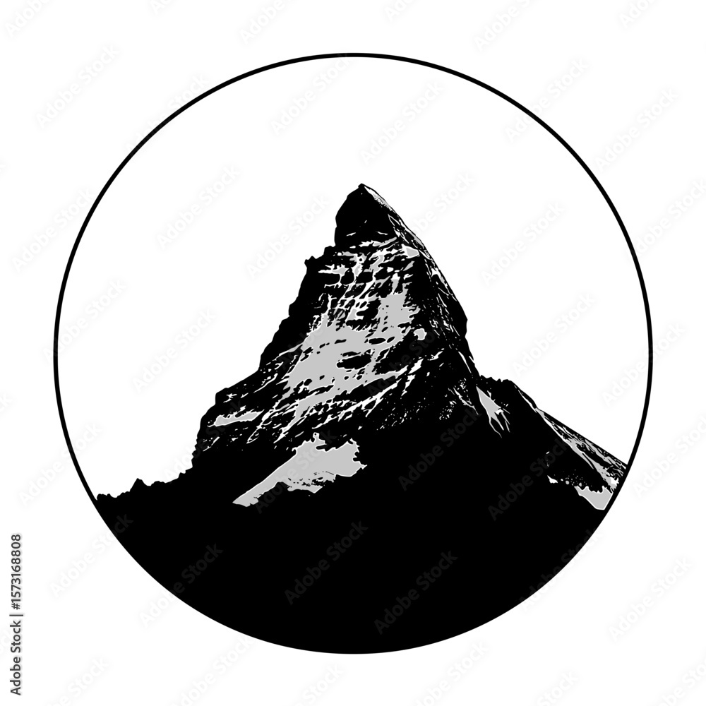 Poster mountain peak within a circle frame with rocky slopes and a sharp summit point in monochrome style