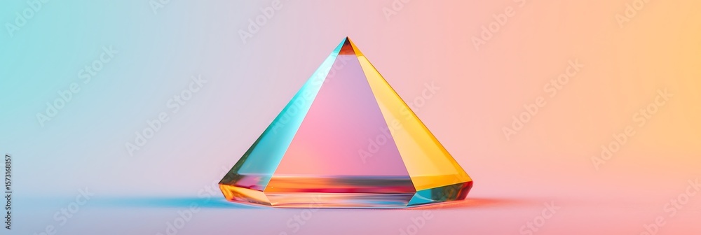 Poster a colorful, translucent pyramid prism sits on a smooth surface with a soft gradient background blend