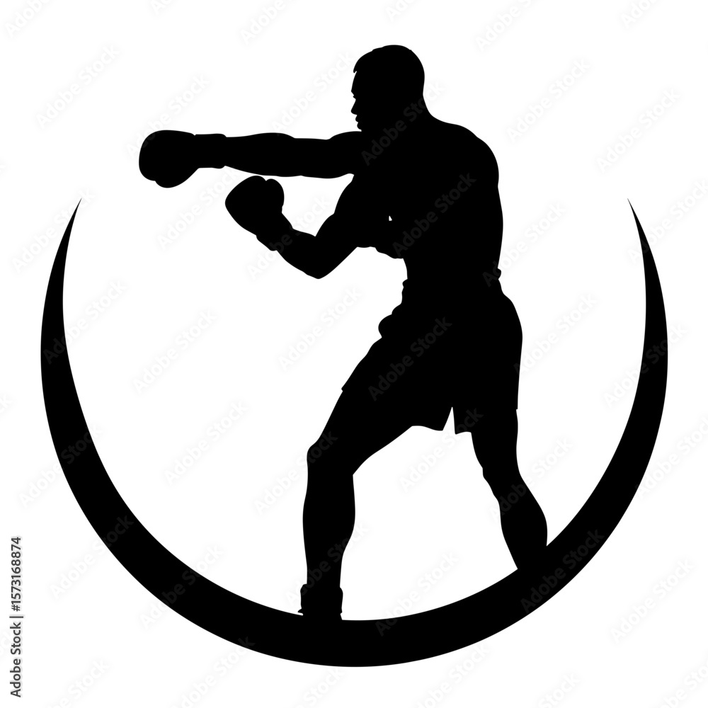 Aufkleber silhouette of a boxer in fighting stance inside a crescent shape graphic element design vector image