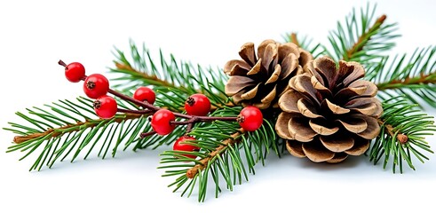 Pine cones and red berries on green fir branch image