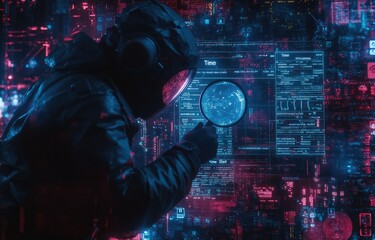 Futuristic astronaut examines holographic data