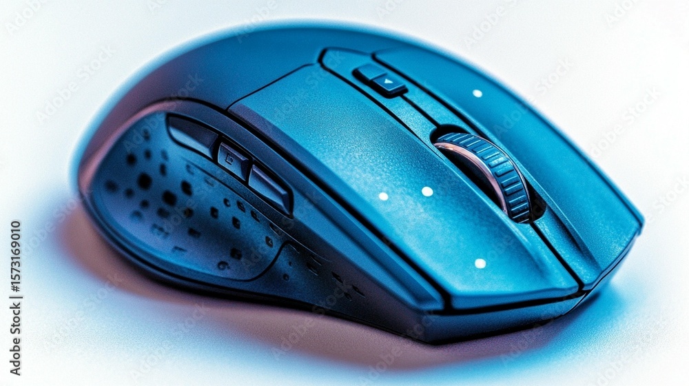 Aufkleber dark-blue computer mouse, angled view, showing multiple buttons and scroll wheel