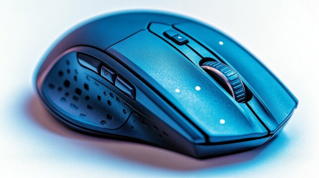 Dark-blue computer mouse, angled view, showing multiple buttons and scroll wheel