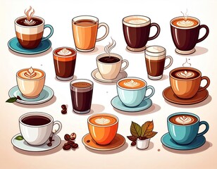 Obraz premium Colorful cartoon coffee illustration. Various coffee drinks in cups and saucers, including lattes, cappuccinos, espresso, and Americano. Steam rising from some cups.