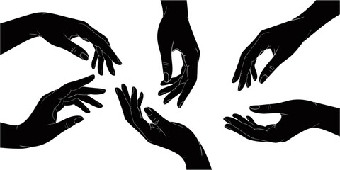 Hand silhouettes set. Elegant gestures. Black and white vector illustration.