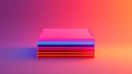 Fototapeta premium A vibrant, colorful stack of transparent rectangular layers with neon pink, blue, and red hues against a smooth gradient background.